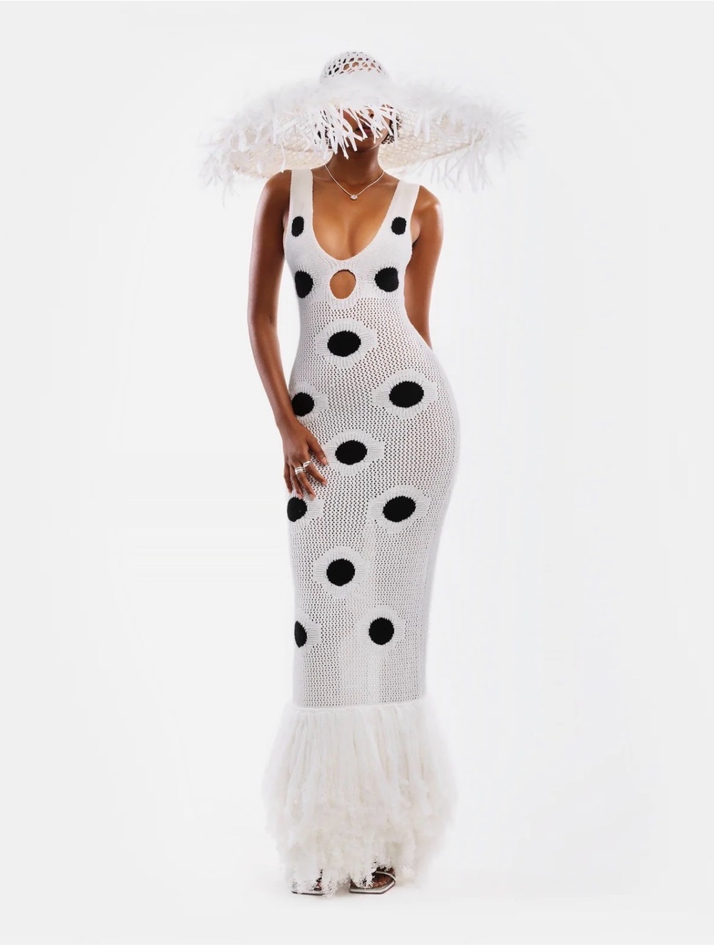 Hanifa Harper III White Knit Maxi Dress with Black Polka Dots - Picture 2 of 13